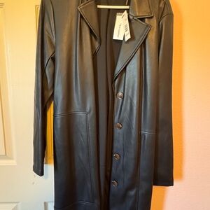 Tahari Black Faux Leather Long Coat